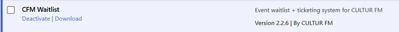CFM Waitlist listed as an active plugin in CULTUR FM's WordPress admin, version 2.2.6