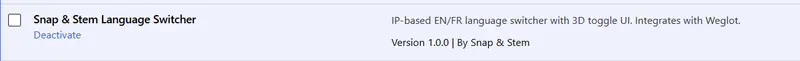 Snap & Stem Language Switcher listed as an active plugin in WordPress, version 1.0.0