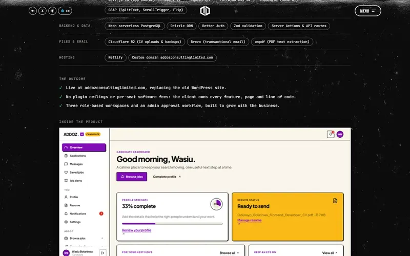 Odunayo Bolarinwa Portfolio: A generated case study page: stack, outcome and stacked product screens.
