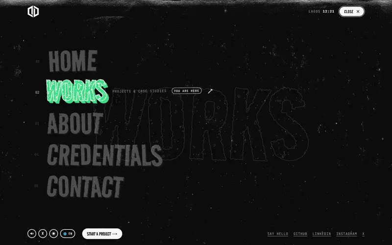 Odunayo Bolarinwa Portfolio: The full-screen menu: the word you point at lifts in green, with a giant outline behind it.
