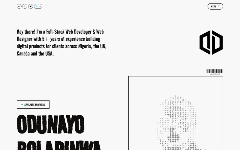 Odunayo Bolarinwa Portfolio: Light mode: the whole site switches theme, down to the logo and the code portrait.