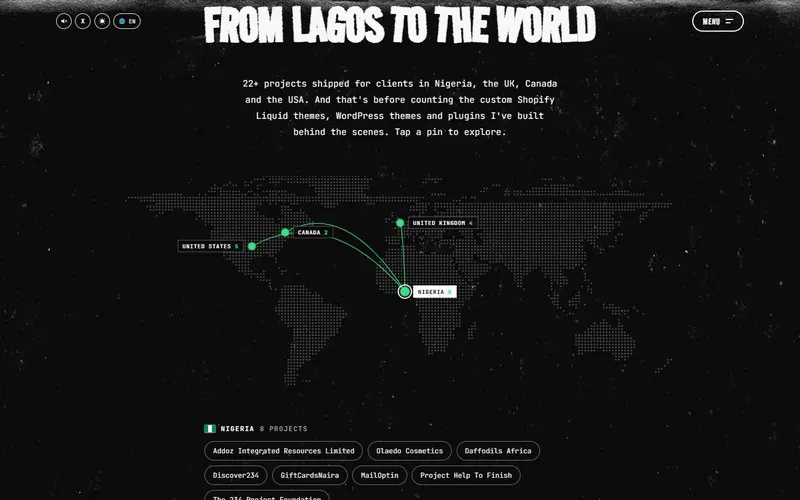 Odunayo Bolarinwa Portfolio: From Lagos to the world: an interactive map of clients and projects.